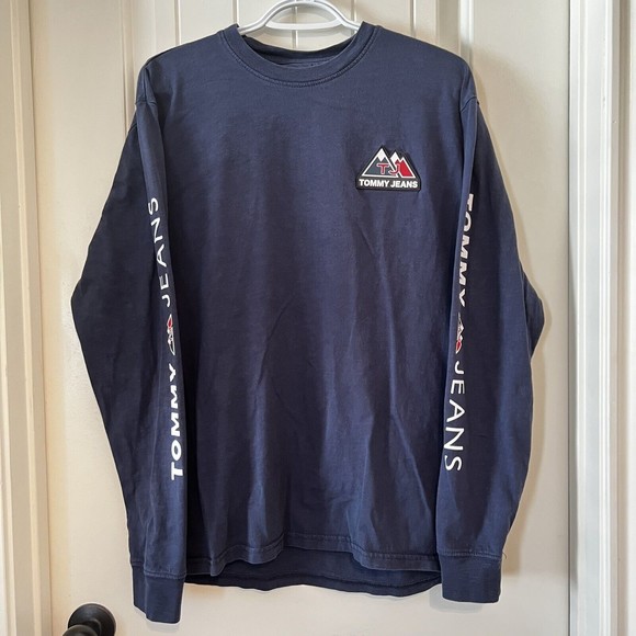 Tommy Jeans USA Men’s Medium Mountain Logo Long Sleeve Spell out T-Shirt Blue - Picture 2 of 11